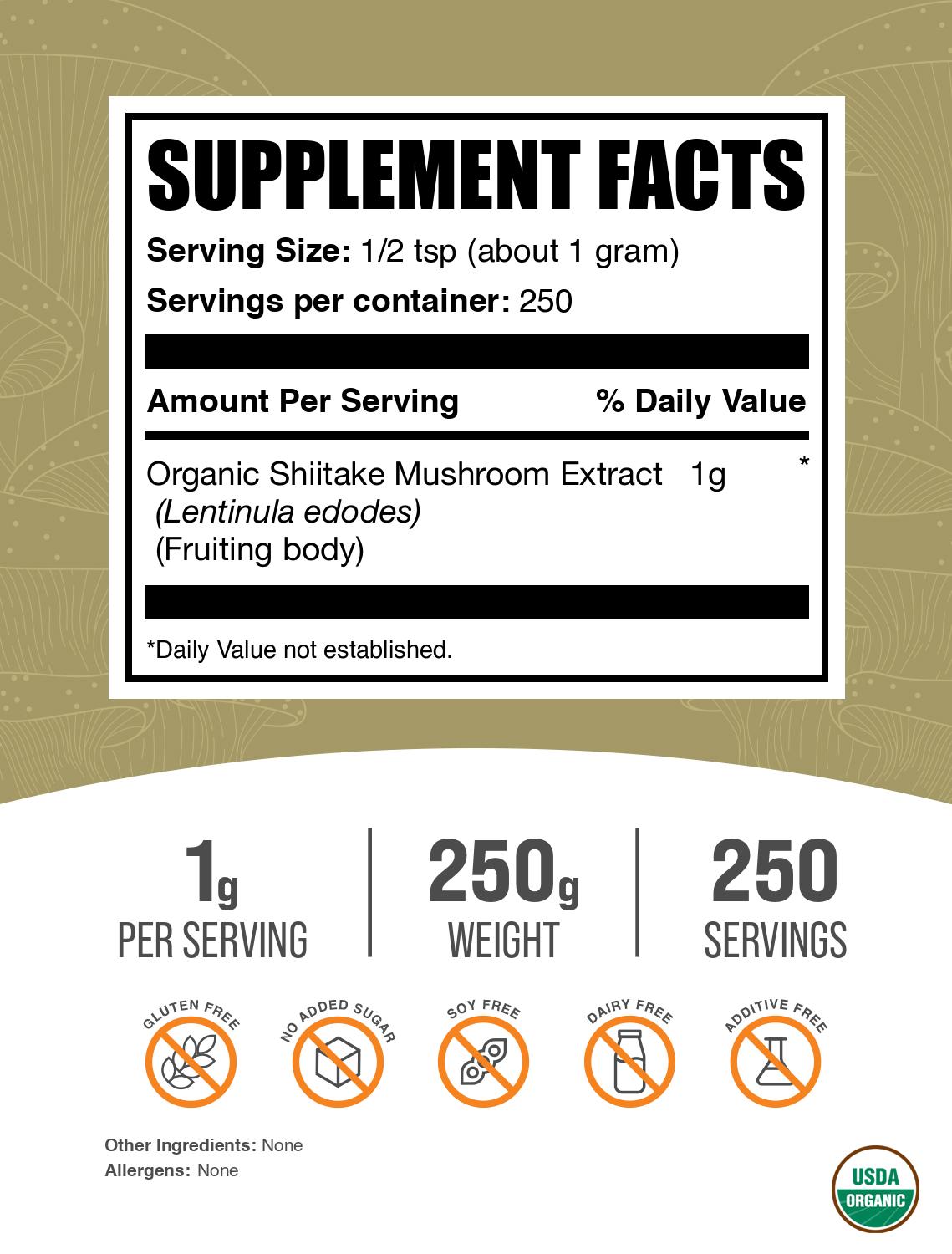 Organic shiitake mushroom extract powder label 250g