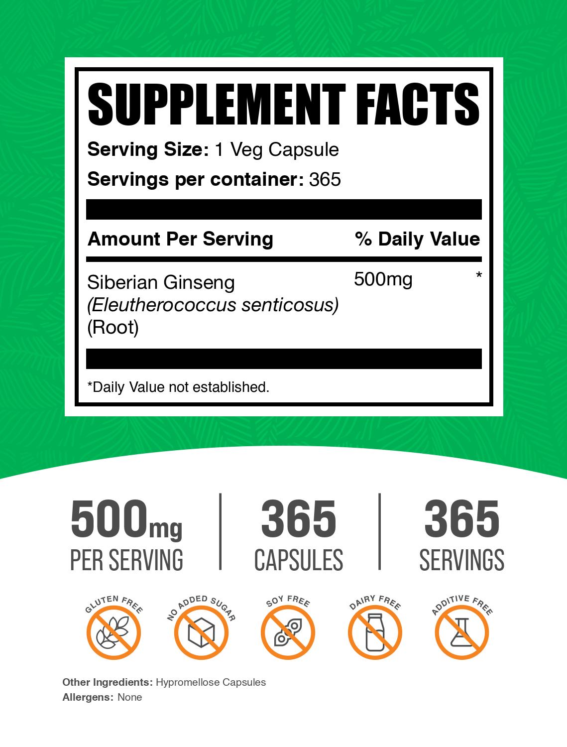 Siberian Ginseng Eleuthero Root Capsules 365ct Label