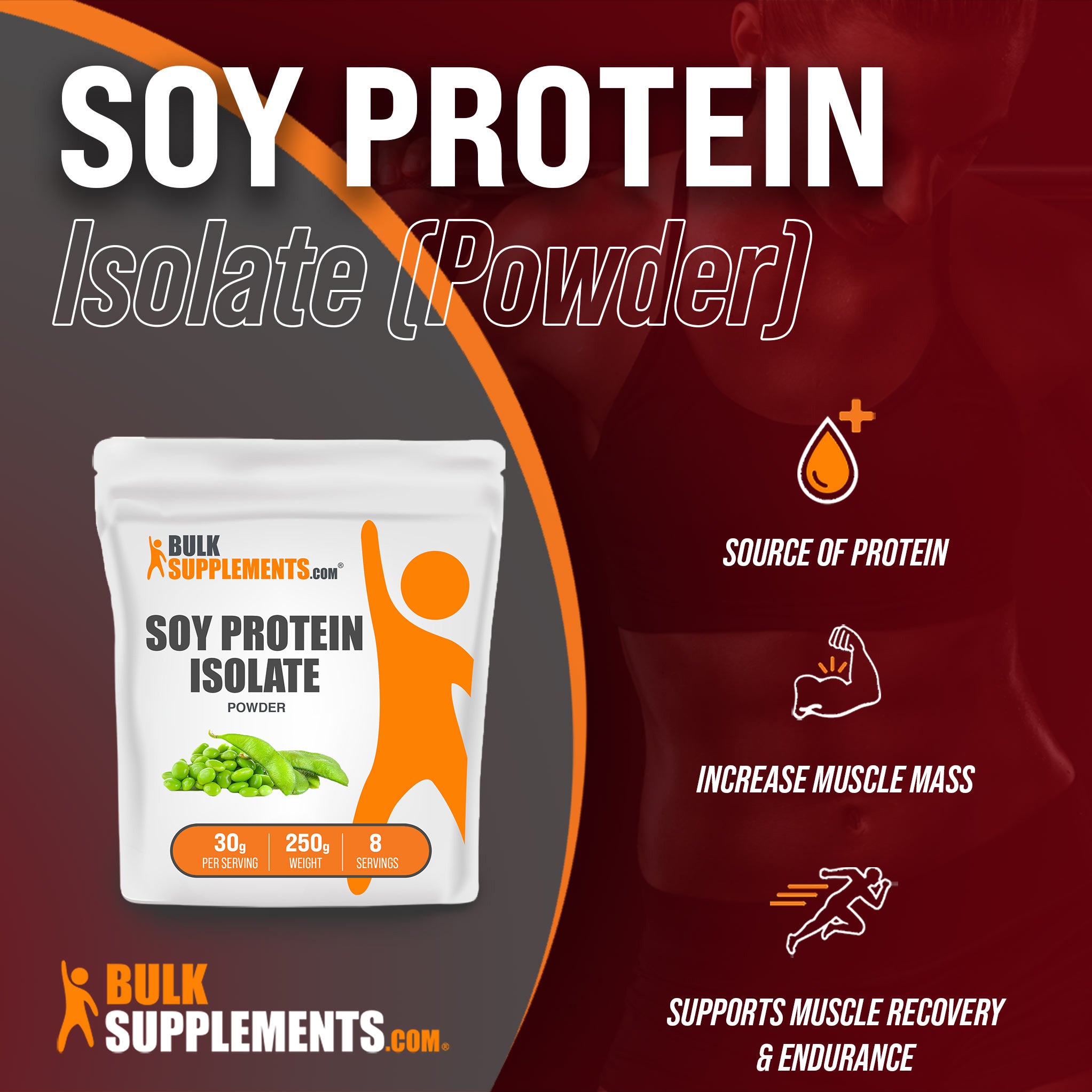 Benefits of Soy Protein Isolate Powder: source of protein, increase muscle mass, supports muscle recovery and endurance