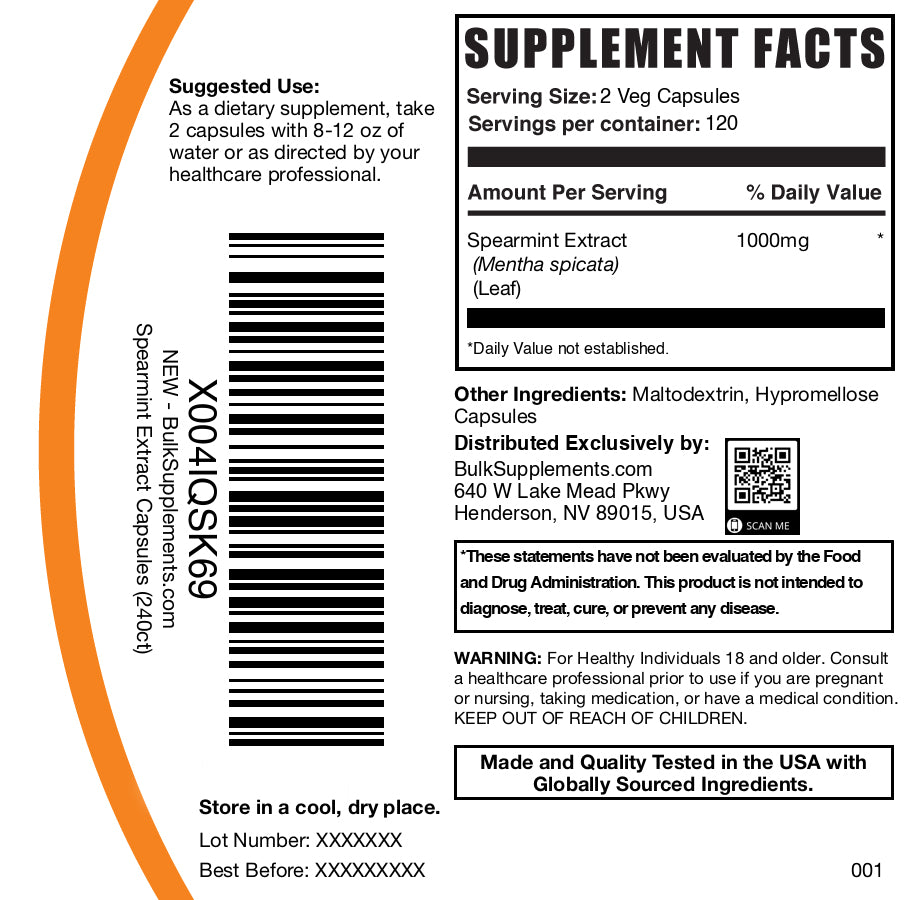Spearmint extract 240 capsules label