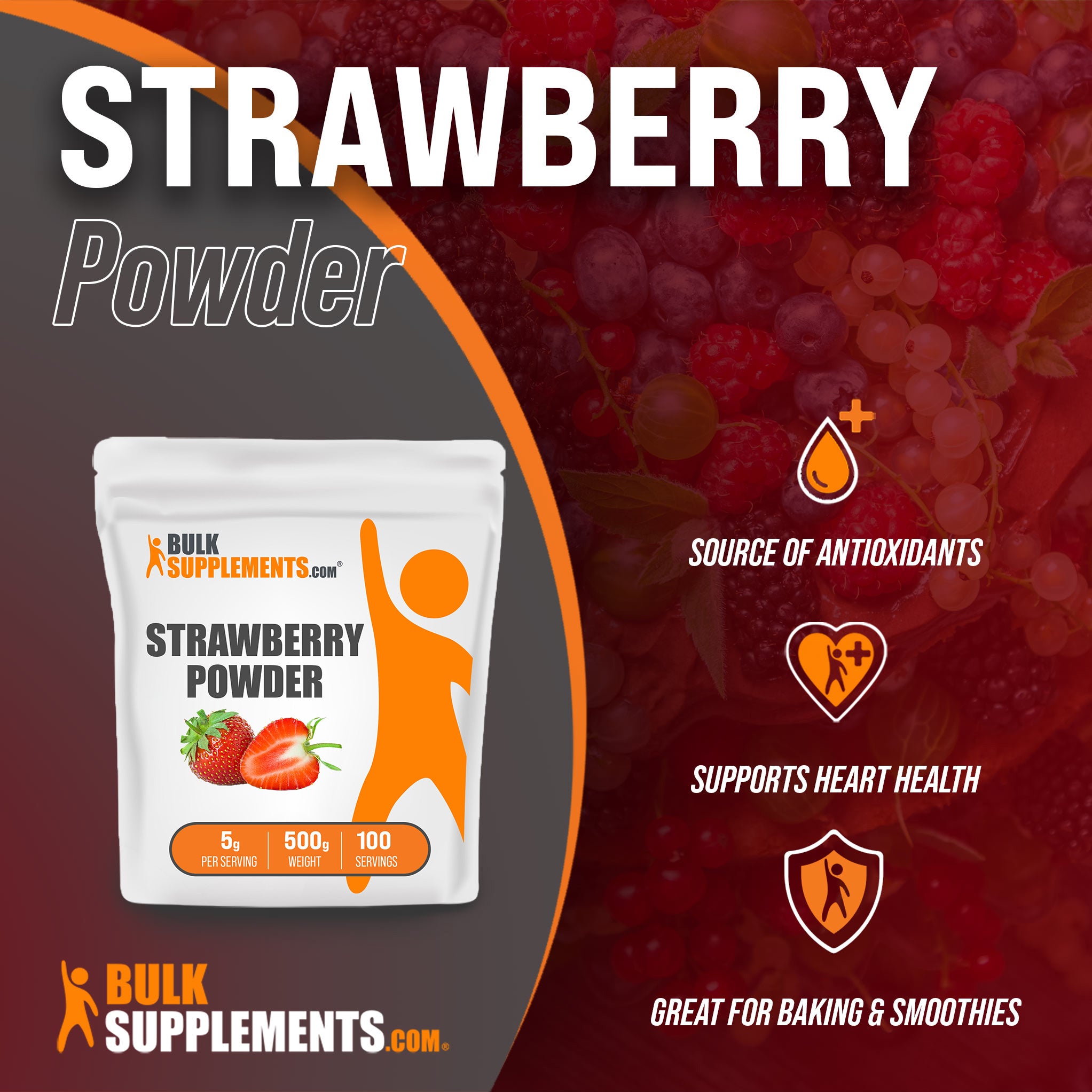Benefits of Strawberry Powder: source of antioxidants, supports heart health, great for baking and smoothies
