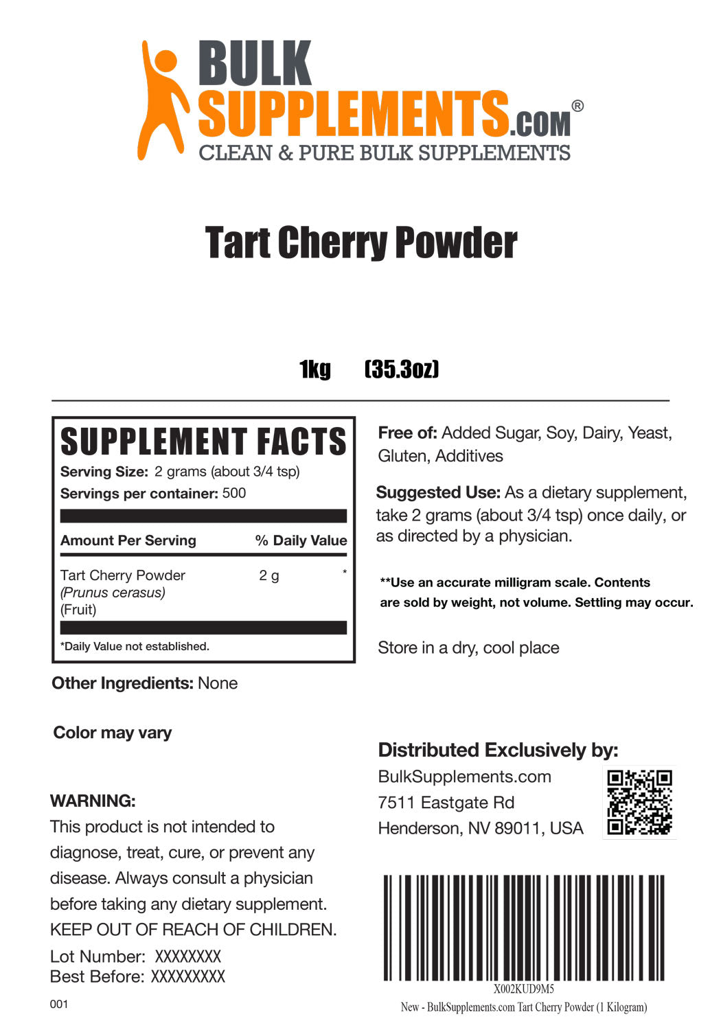 Supplement Facts Tart Cherry Powder