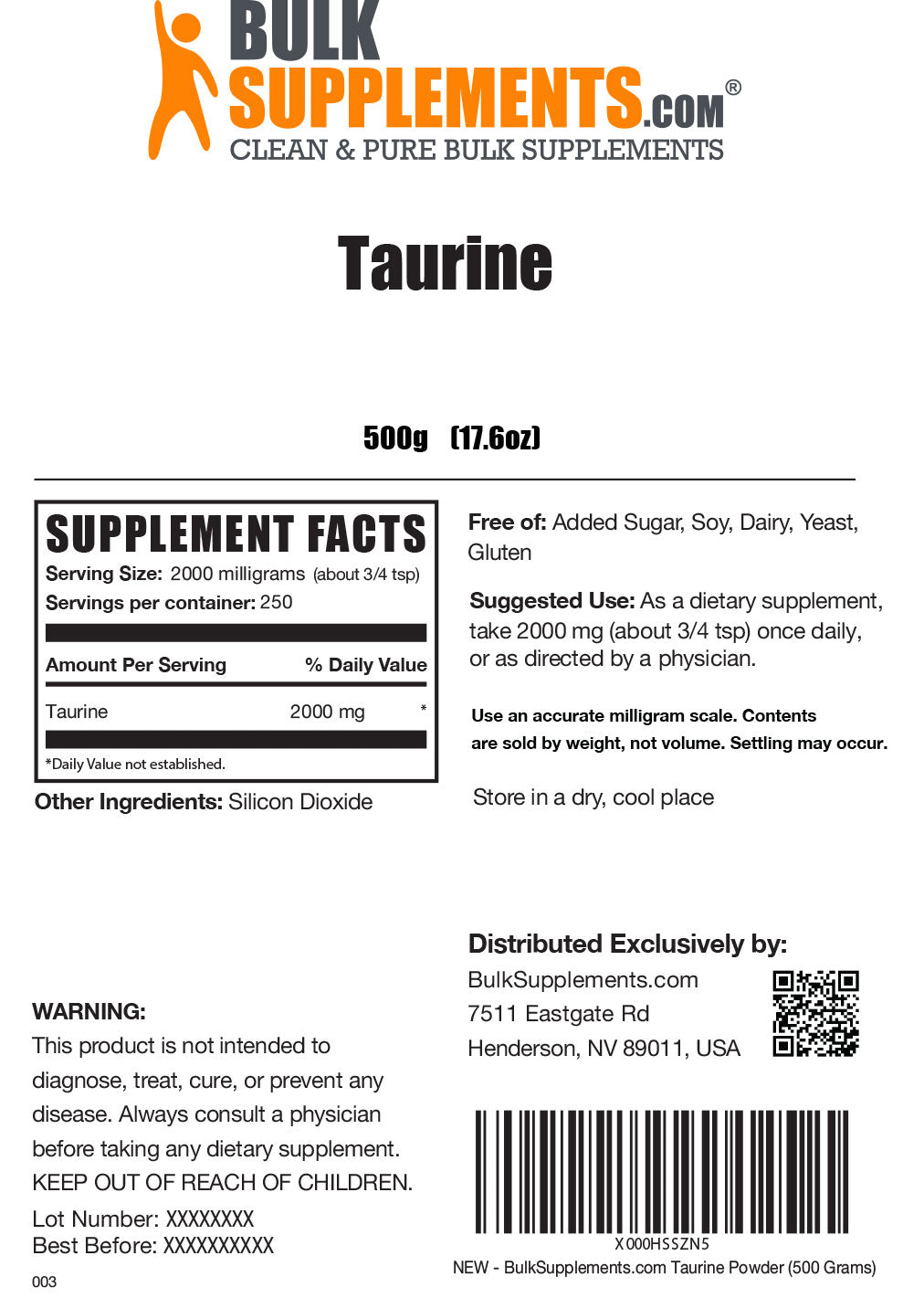 Taurine powder label 500g
