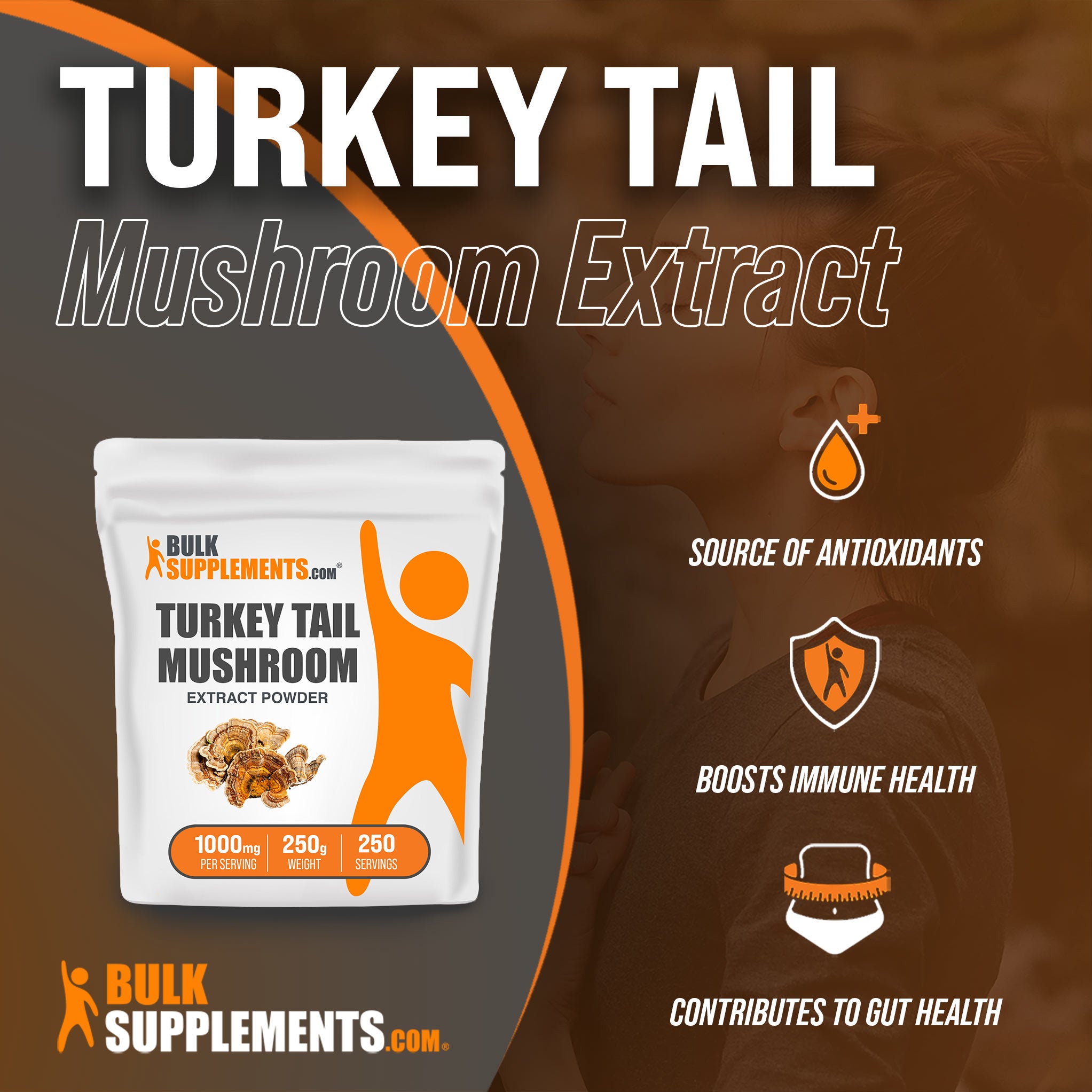 Benefits of Turkey Tail Mushroom Extract: source of antioxidants, boosts immune health, contributes to gut health