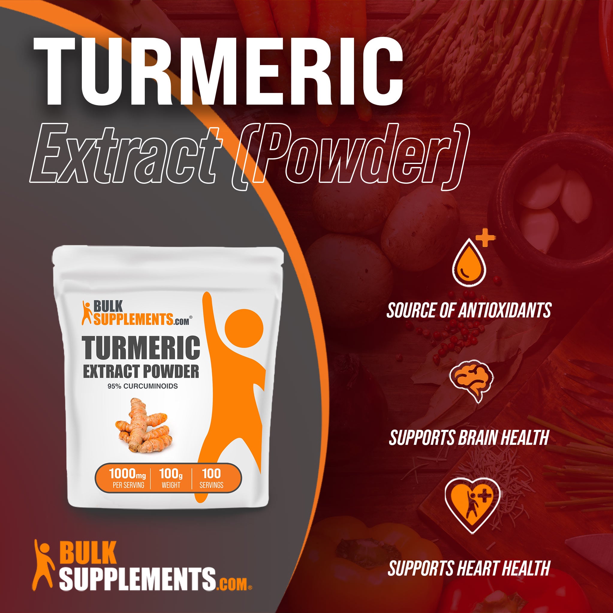 Benefits of Turmeric Extract: source of antioxidants, supports brain health, supports heart health