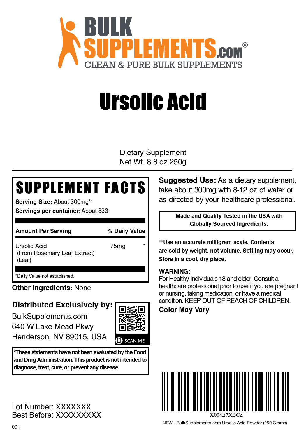 Ursolic Acid Powder 250g Label