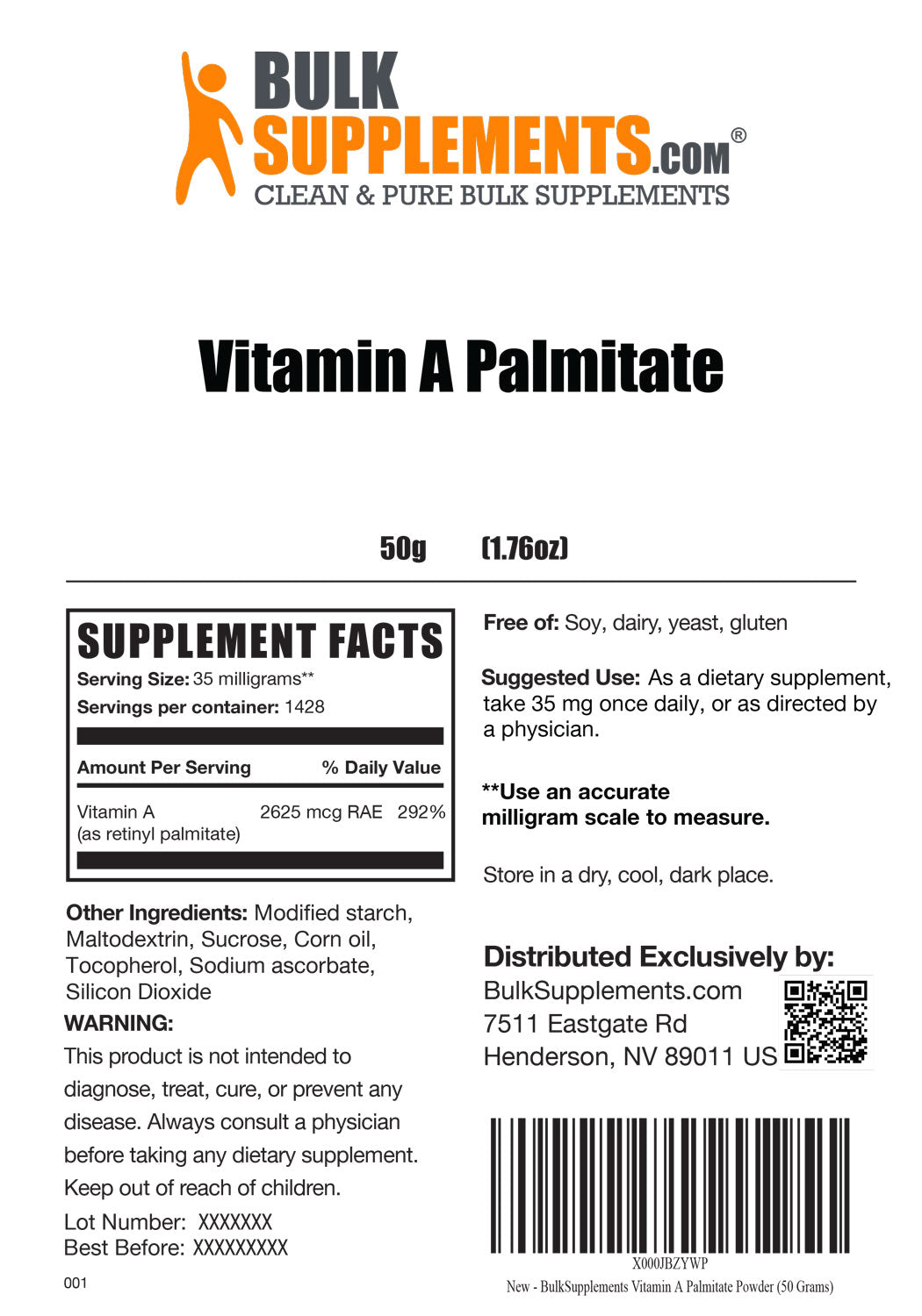 Supplement Facts Vitamin A Palmitate