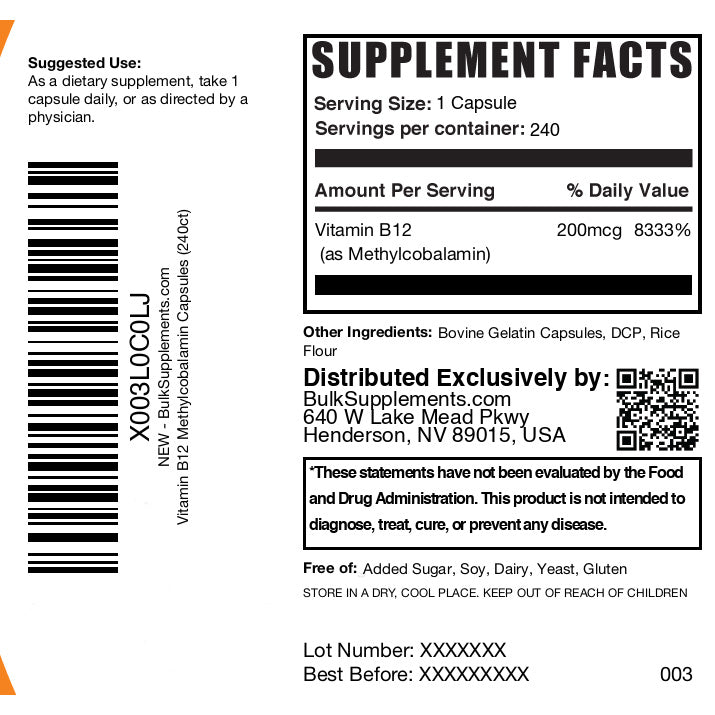 Vitamin B12 200mcg (1% Methylcobalamin) 240 capsules label