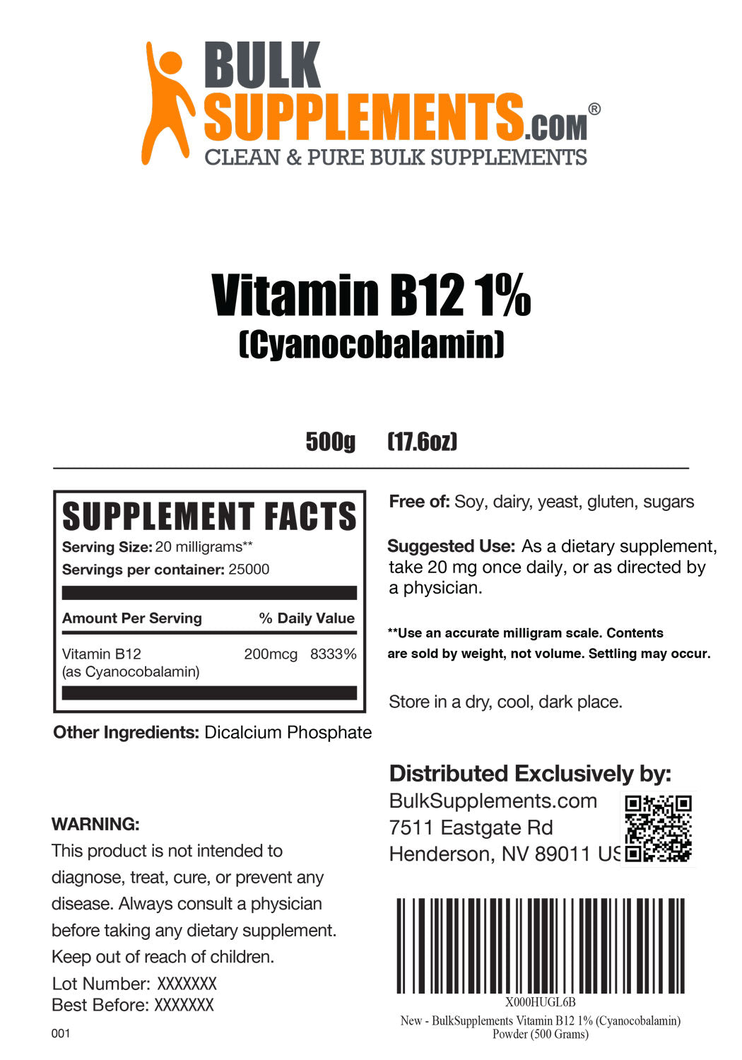 Supplement Facts Vitamin B12 1% Cyanocobalamin