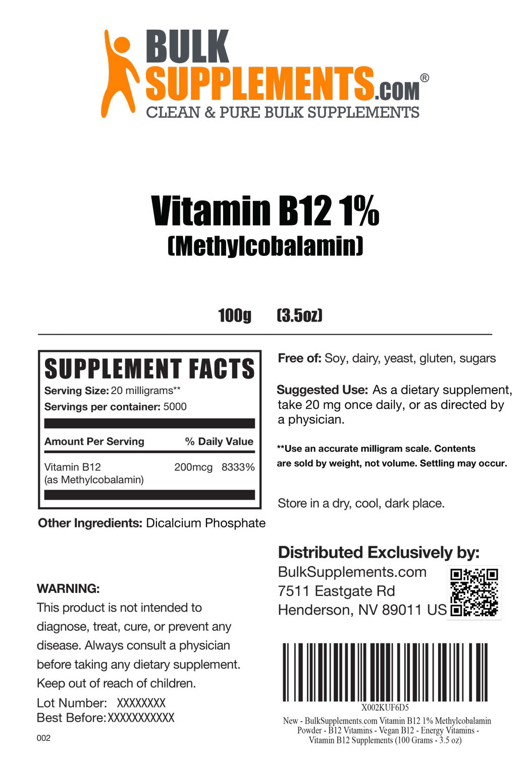 Supplement Facts Vitamin B12 1% Methylcobalamin