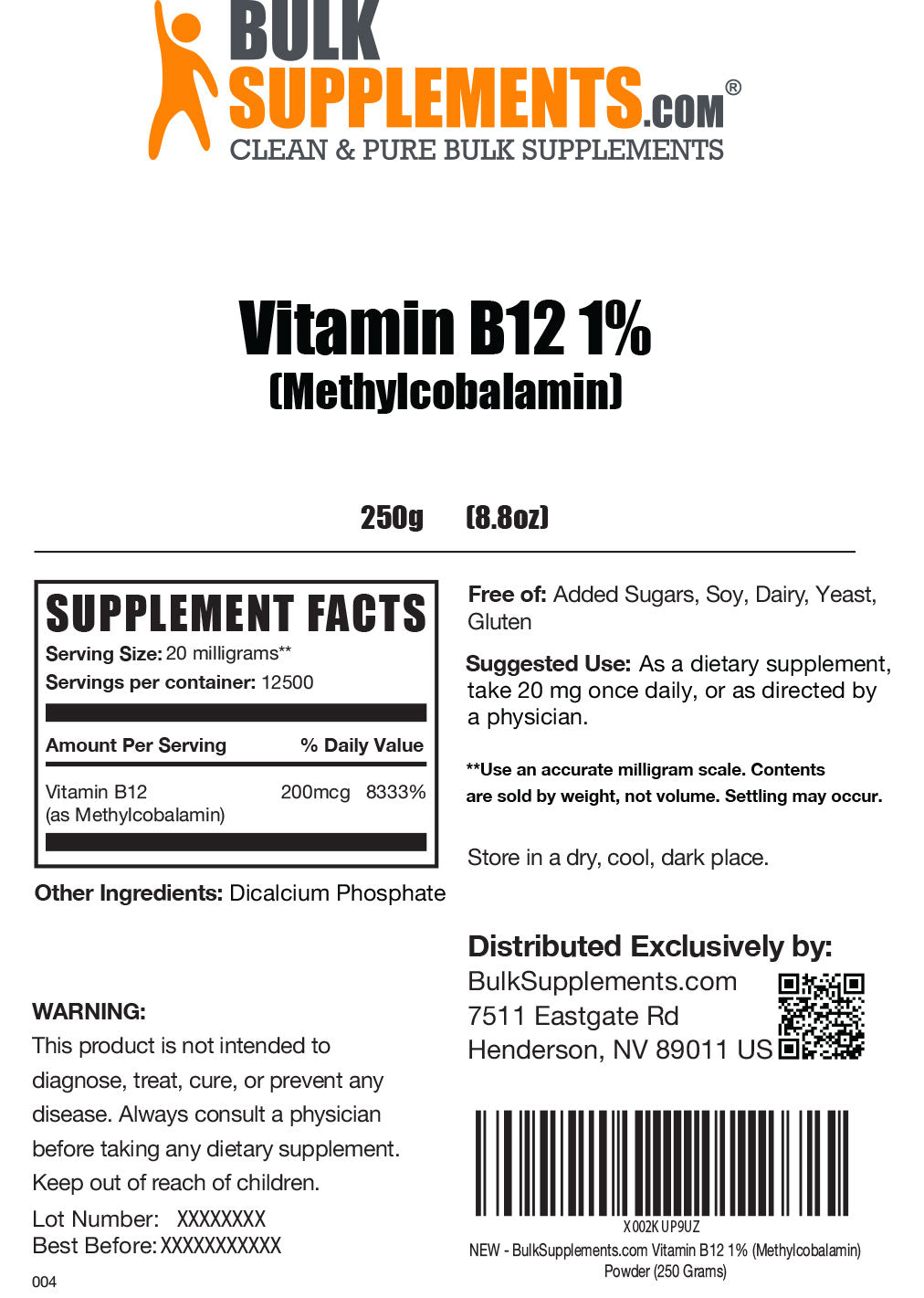 Vitamin B12 1% Methylcobalamin 50g label