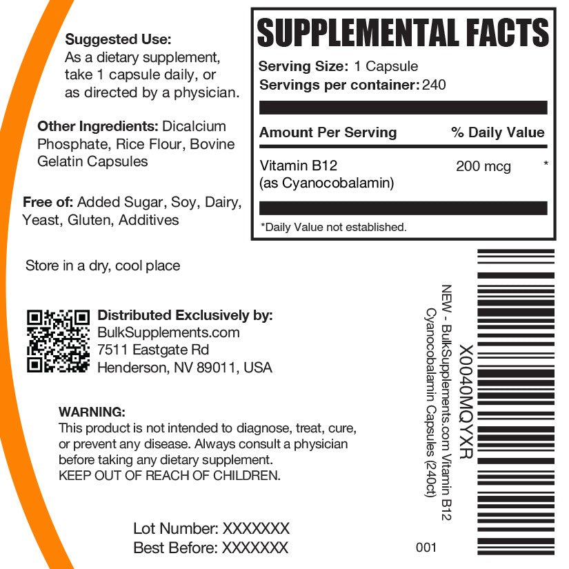 Vitamin B12 200mcg (1% Cyanocobalamin) 240 capsules label