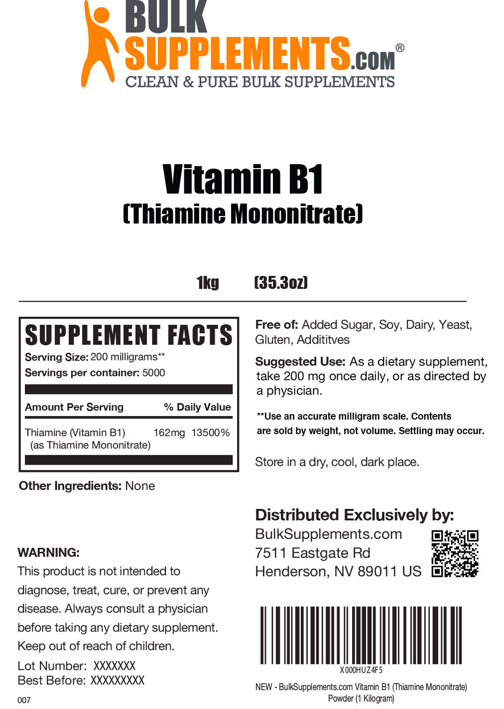 Vitamin B1 (Thiamine Mononitrate) Supplement Facts
