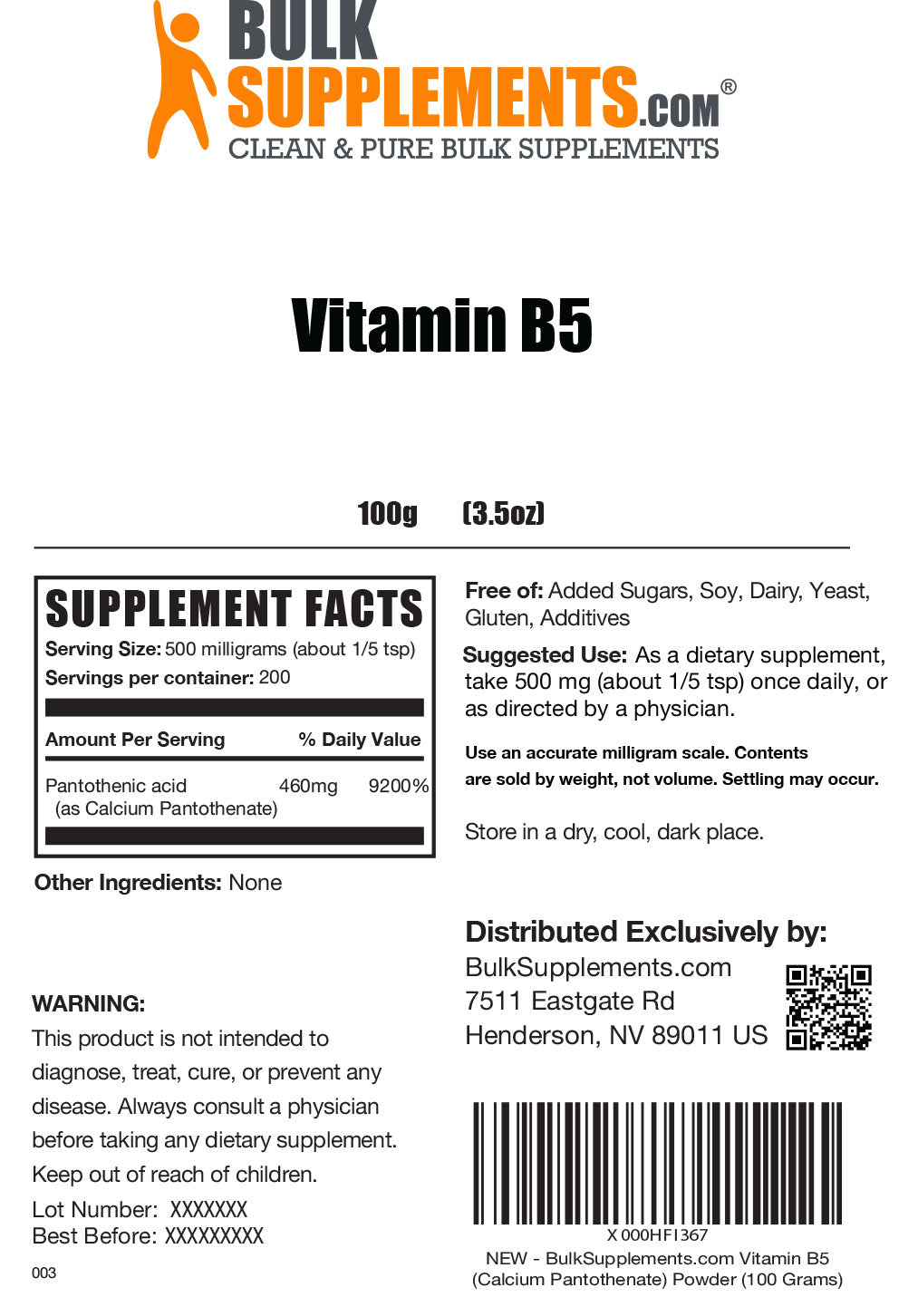 Supplement Facts Vitamin B5