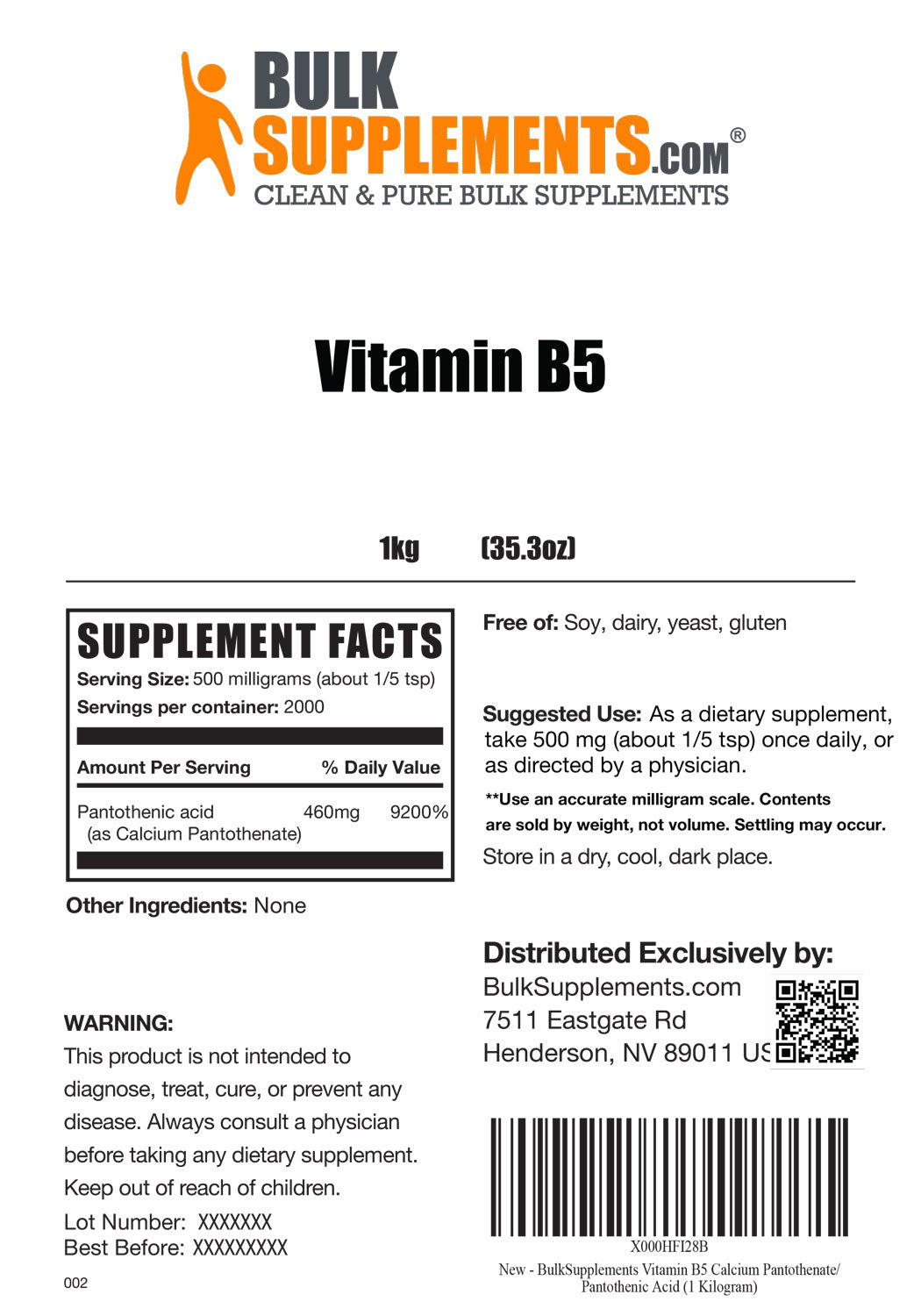 Supplement Facts Vitamin B5