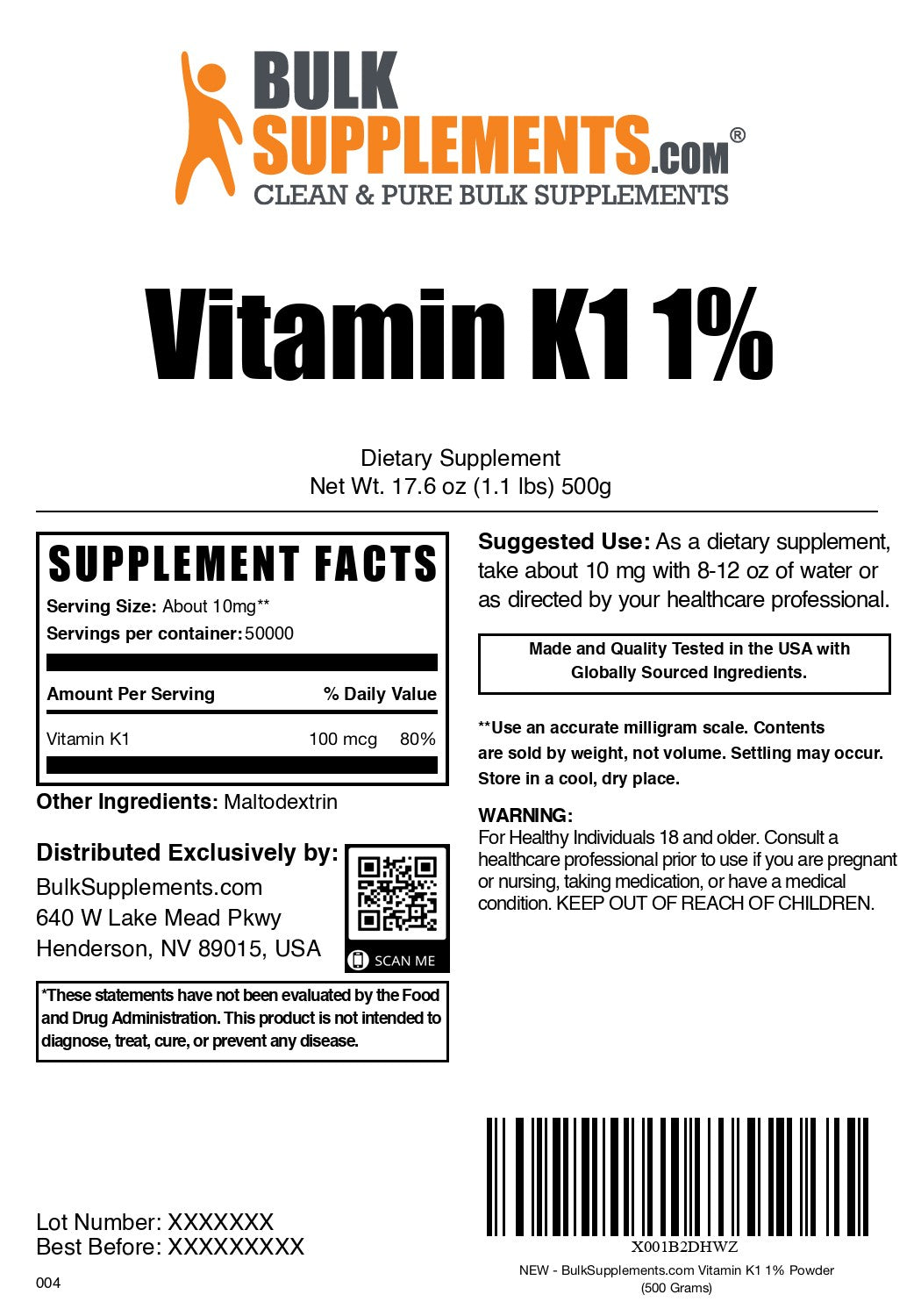 Vitamin K1 1% powder label 500g