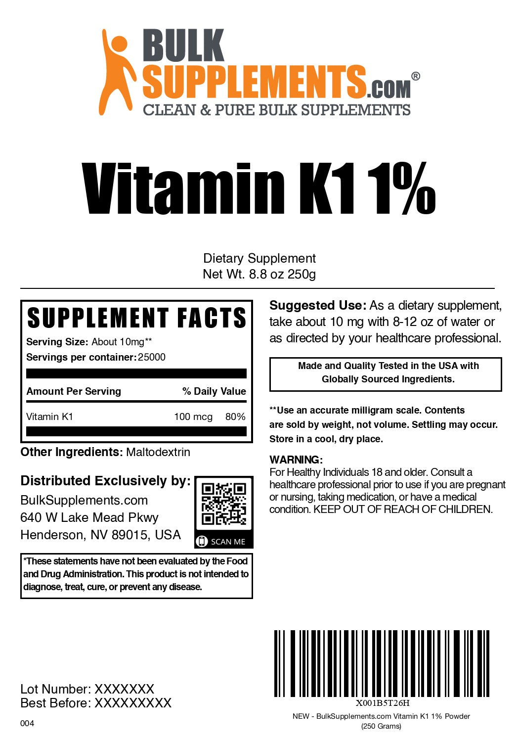 Vitamin K1 1% powder label 250g