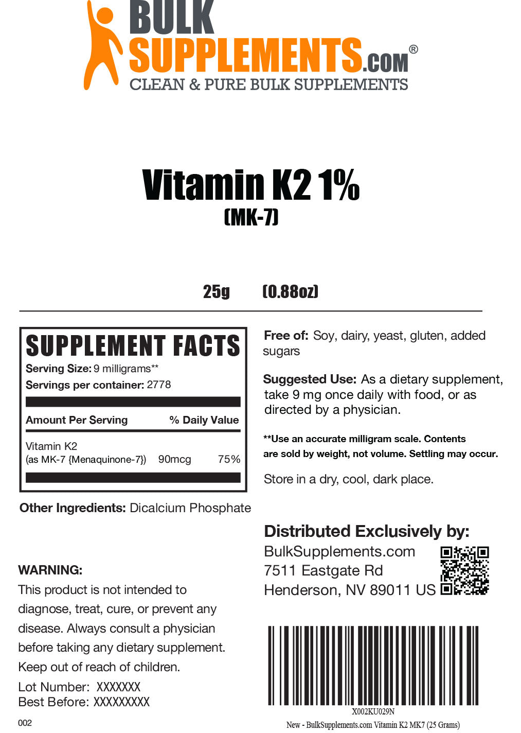 Supplement Facts Vitamin K2 MK7