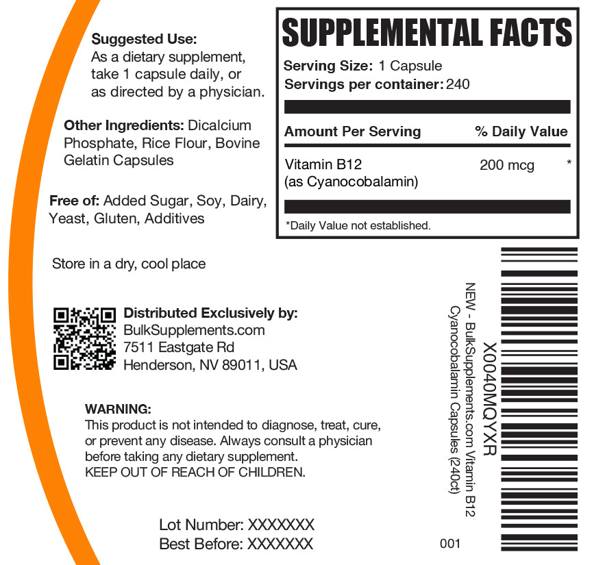 Vitamin B12 cyanocobalamin capsule label 240 ct