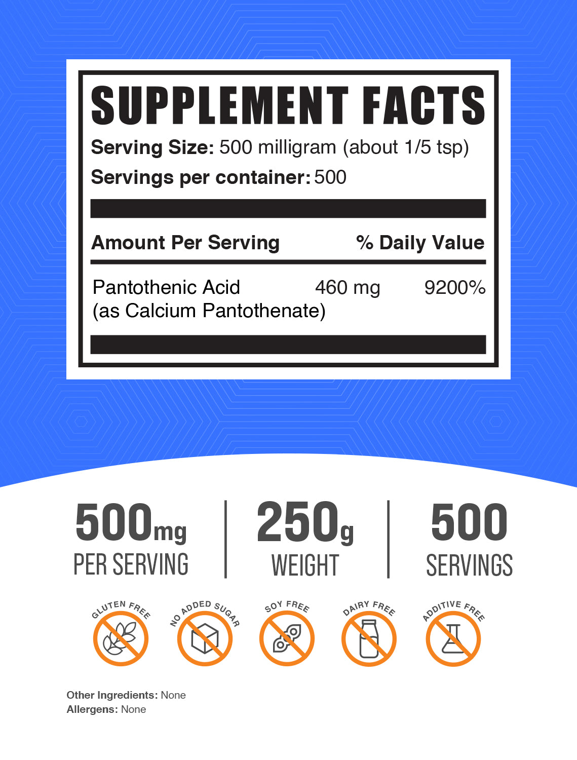BulkSupplements Vitamin B5 Powder 250g Supplement Facts