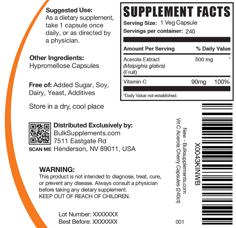 Vitamin C from Acerola Cherry 240 ct capsules label
