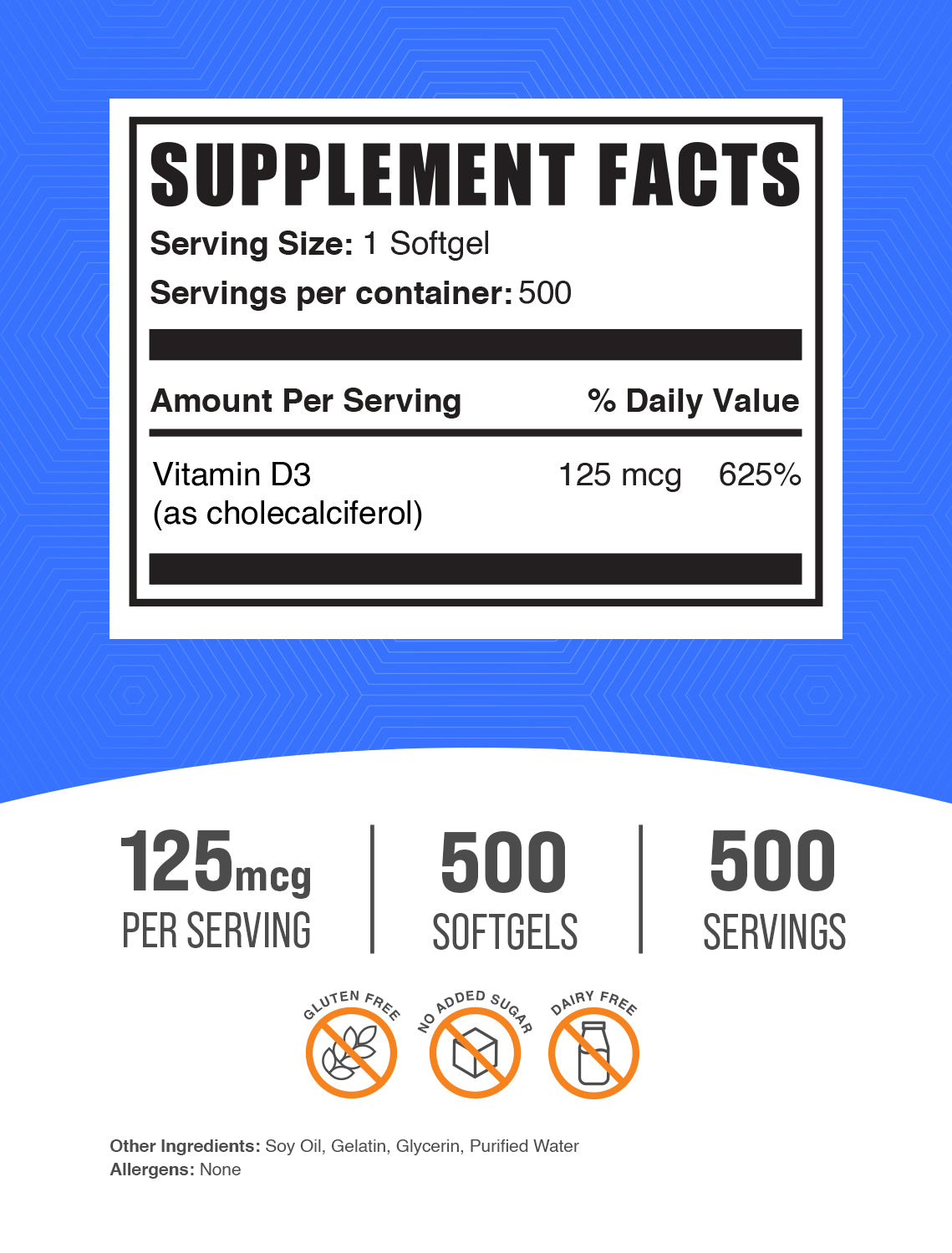 Supplement Facts Vitamin D3 Softgels 500 ct