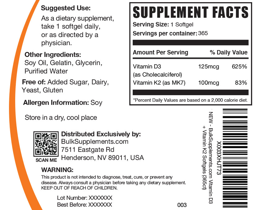 Vitamin D3 + Vitamin K2 softgels label 365 ct
