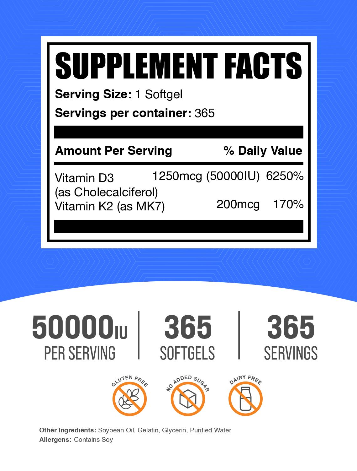 Vitamin D3 + K2 50000 IU 365 softgels label