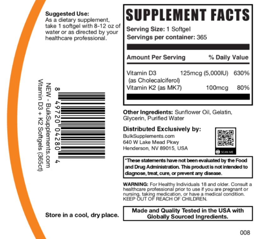 Vitamin D3 + K2 5000 IU 365 softgels bottle label