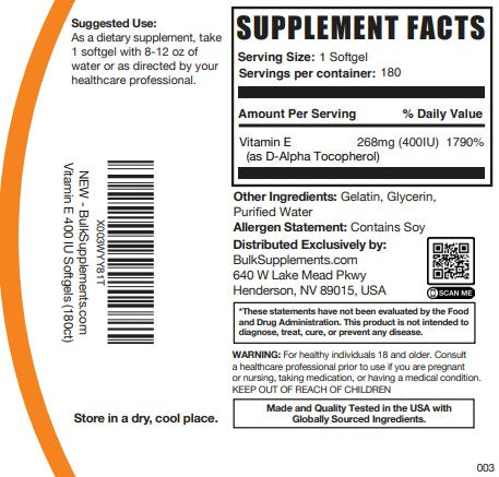 Vitamin E 400IU Softgels 180ct Plain Label