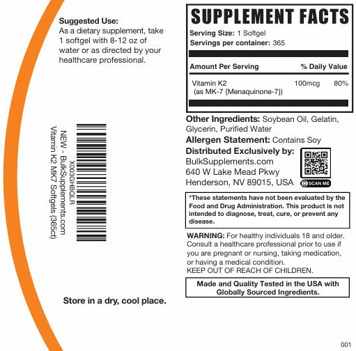 Vitamin K2 MK7 Softgels 365ct Plain Label
