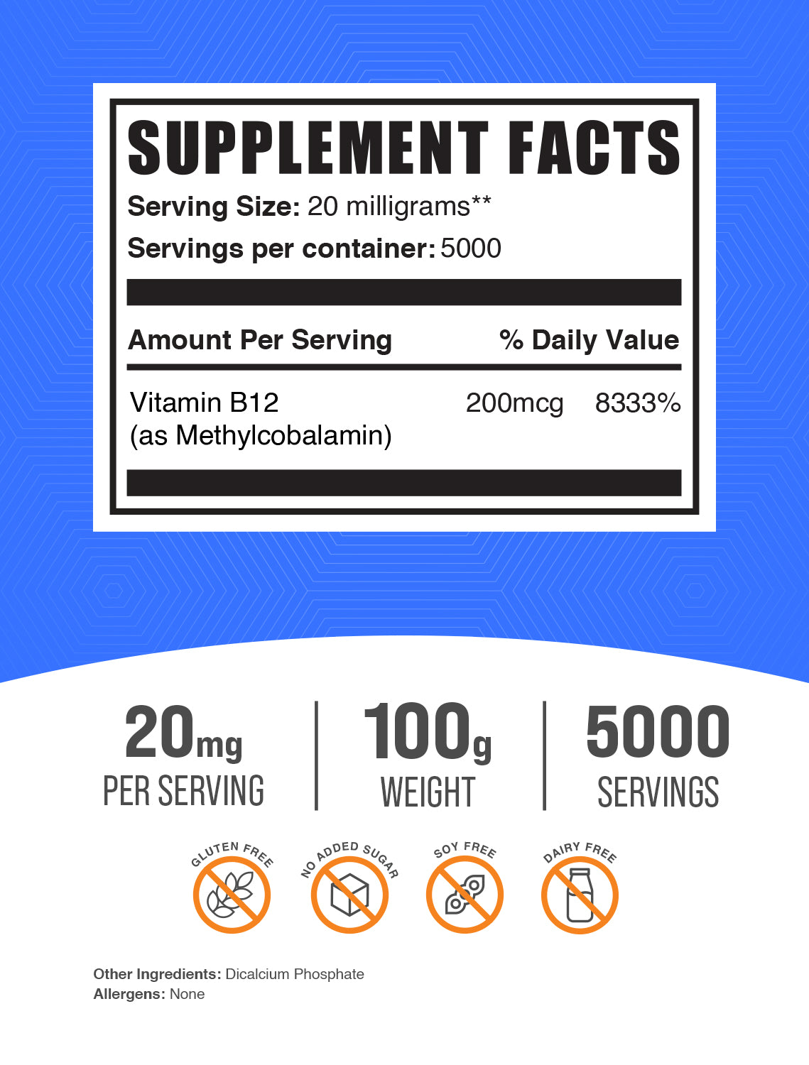 Vitamin B12 1% Methylcobalamin 100g label