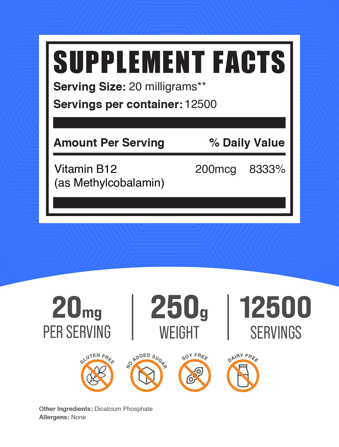 Vitamin B12 1% Methylcobalamin 250g label