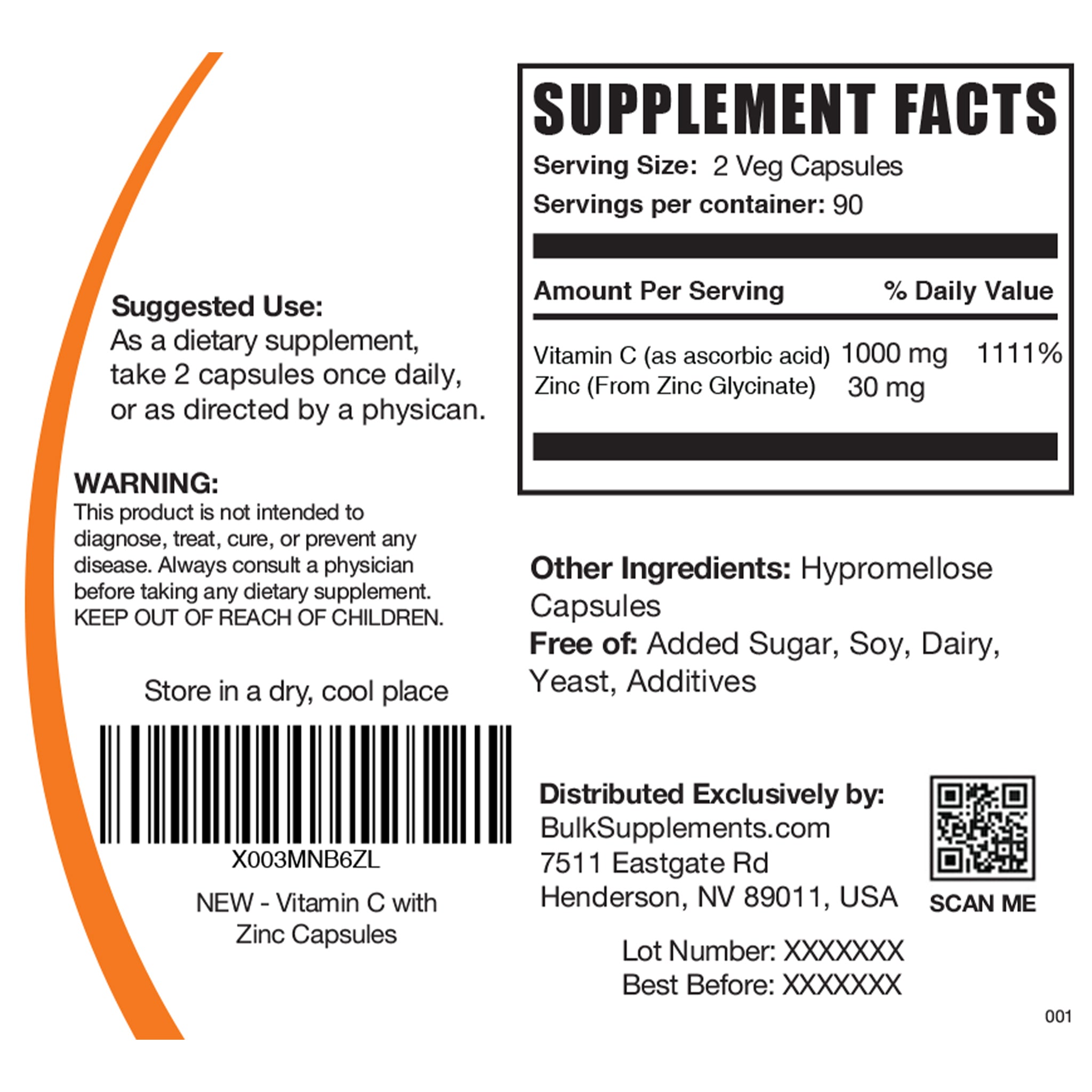 Supplement Facts Vitamin C with Zinc