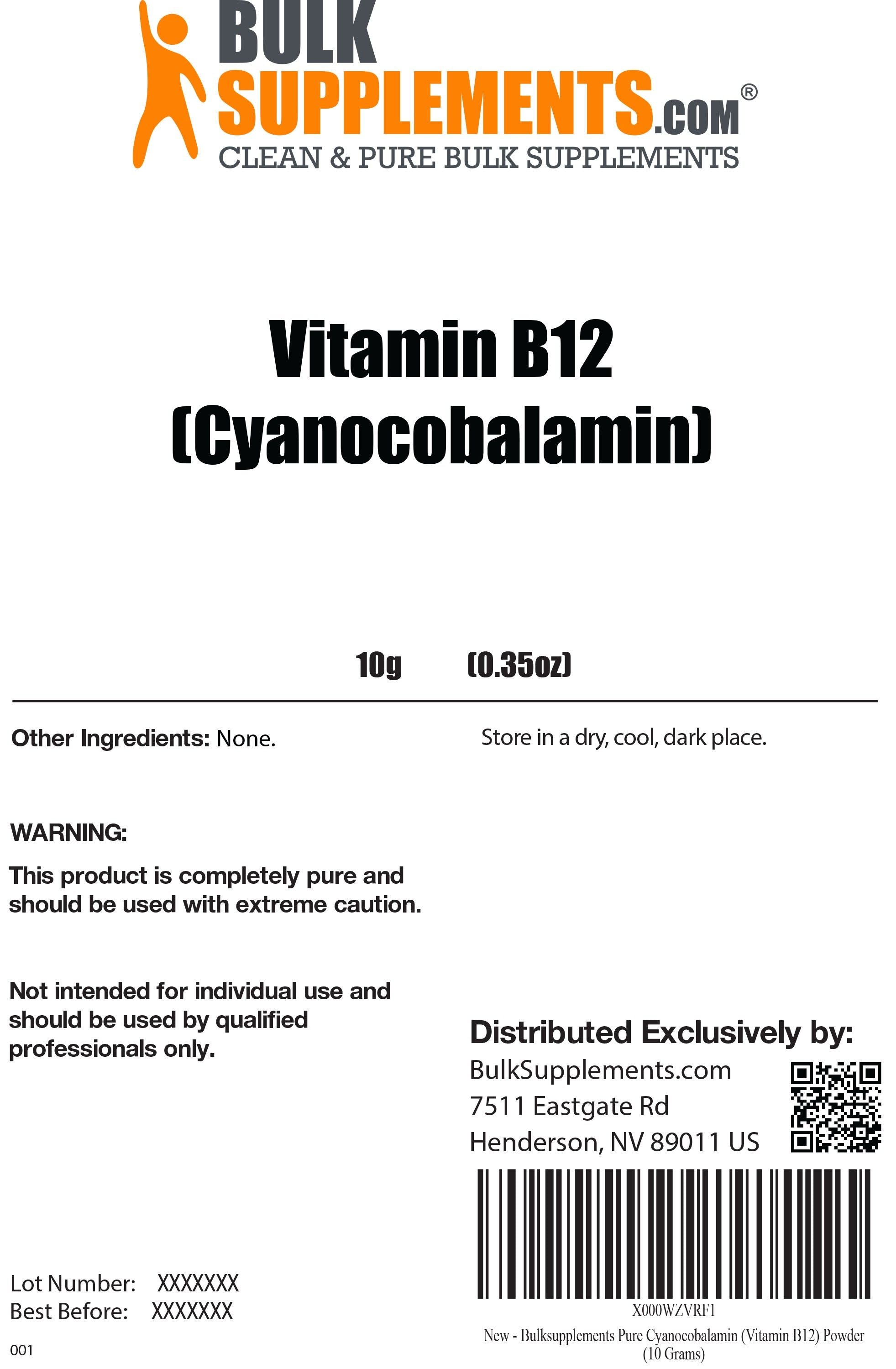Vitamin B12 (Pure Cyanocobalamin) Powder label 10g