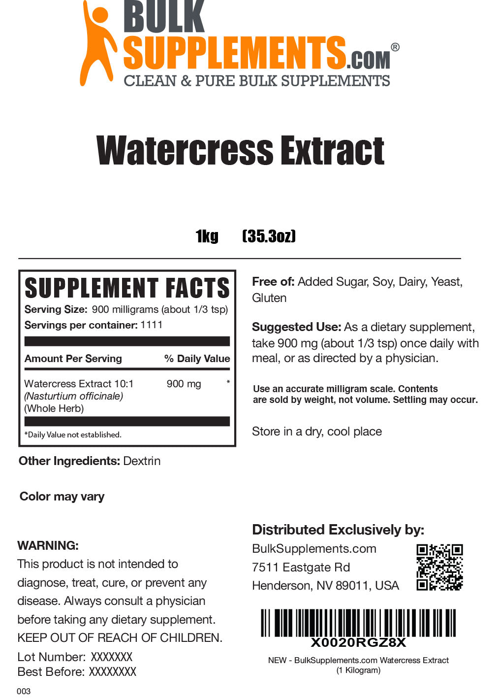 Supplement Facts Watercress Extract