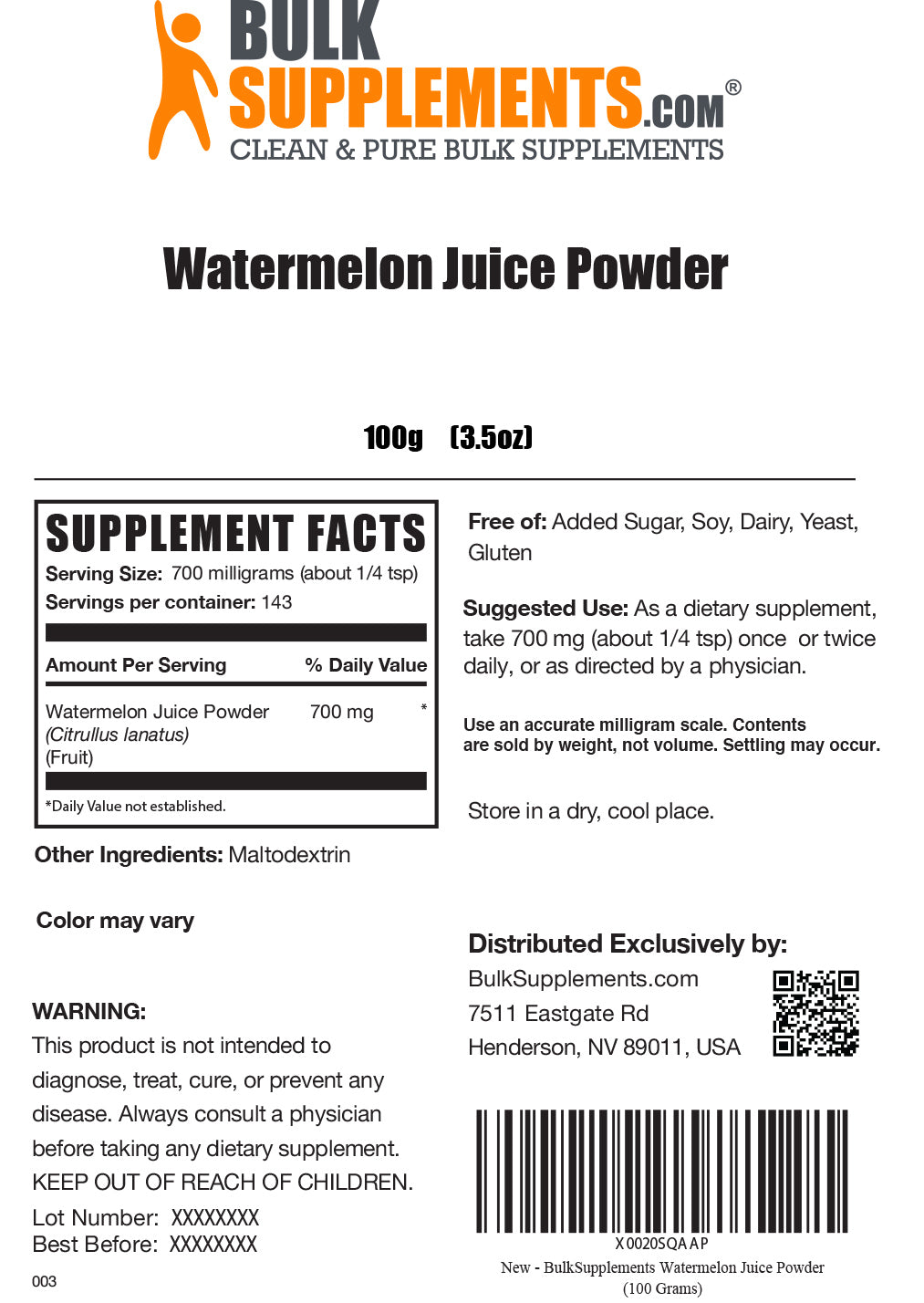 Supplement Facts Watermelon Juice Powder