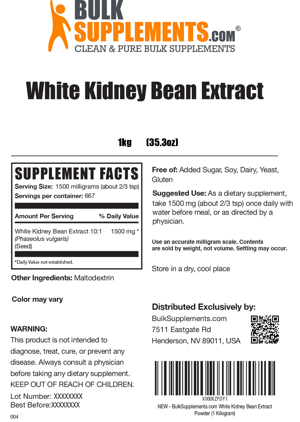 Supplement Facts White Kidney Bean Extract