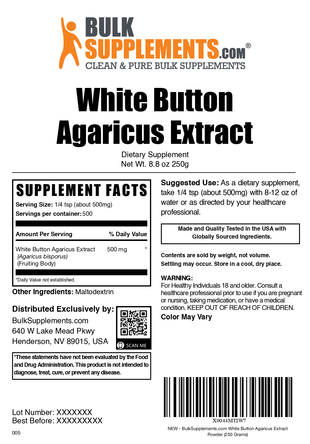 White button mushroom extract powder label 250g