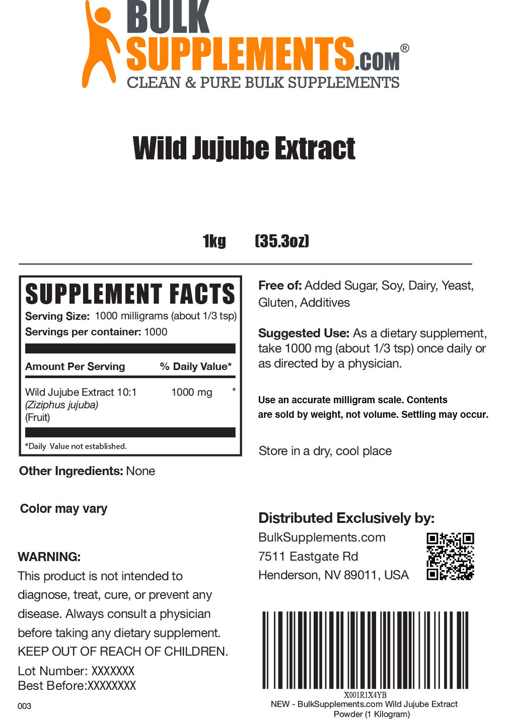 Supplement Facts Wild Jujube Extract