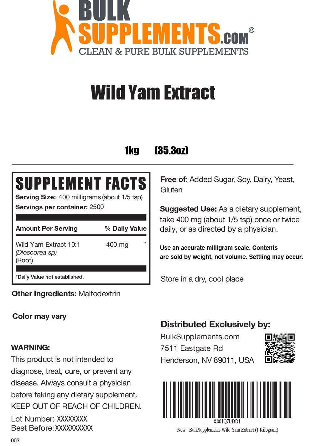 Supplement Facts Wild Yam Extract