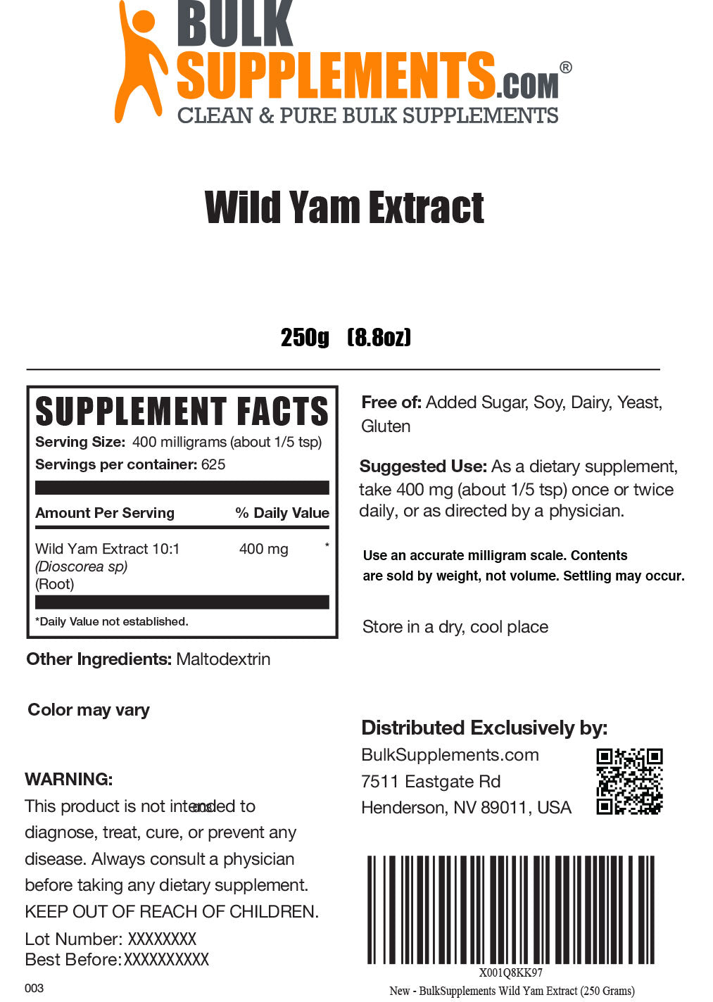 Supplement Facts Wild Yam Extract