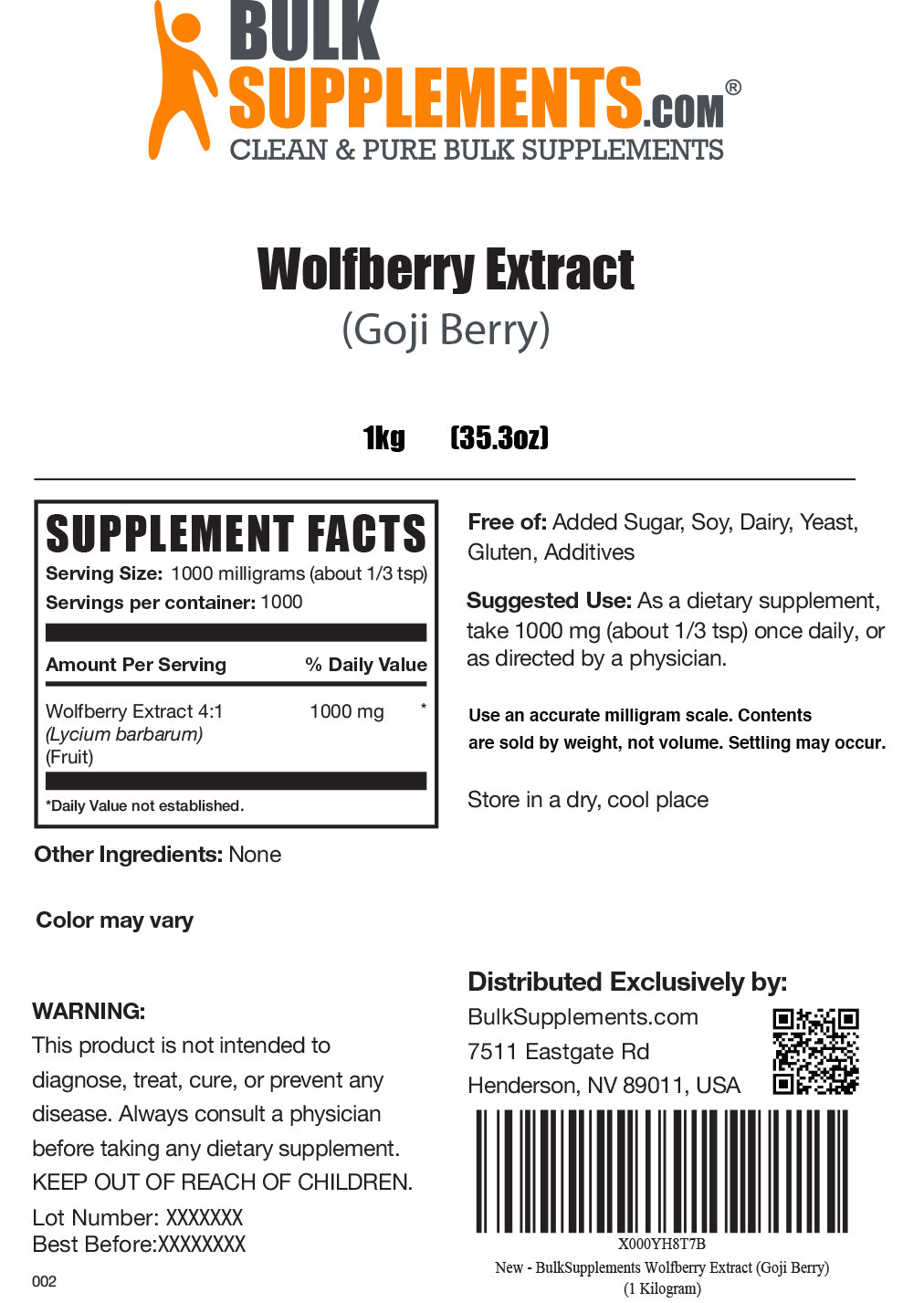 Supplement Facts Wolfberry Extract Goji Berry