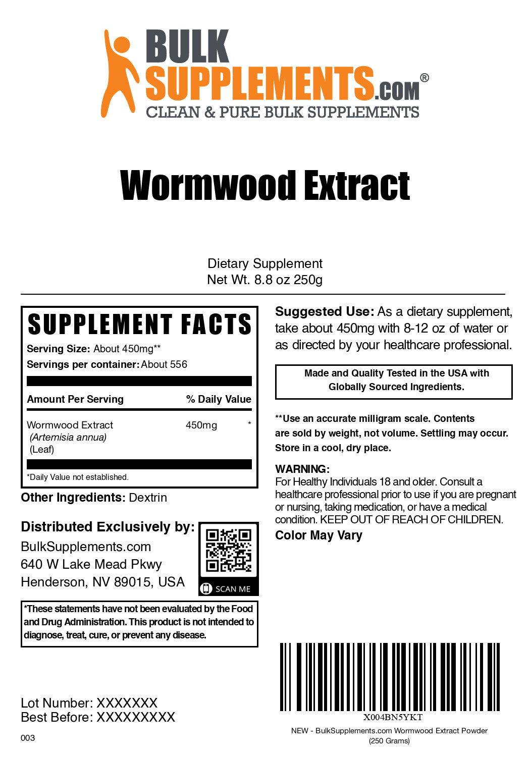 Wormwood extract powder label 250g