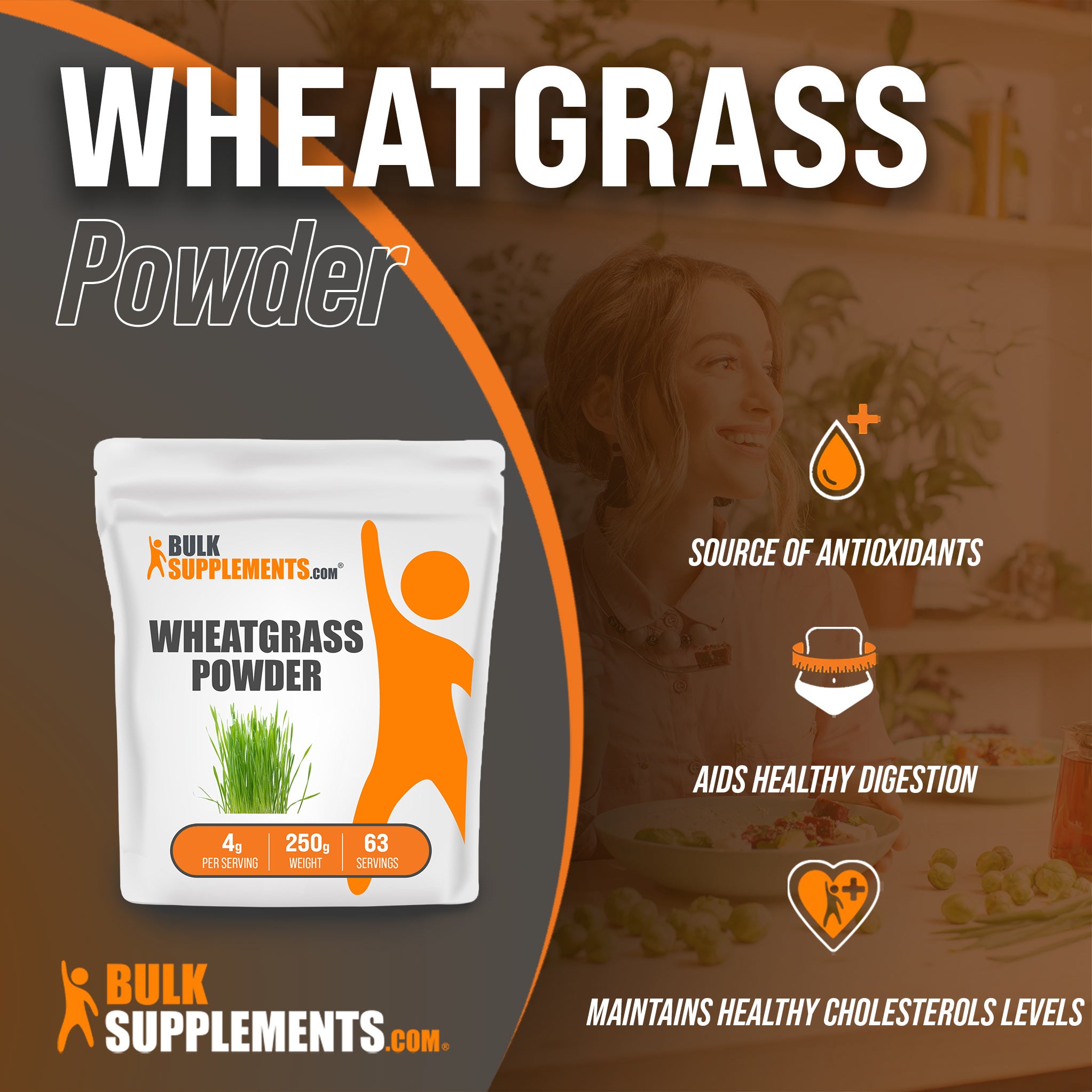 Benefits of Wheatgrass Powder: source of antioxidants, aids healthy digestion, maintains healthy cholesterol levels