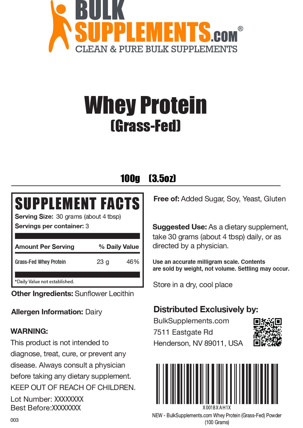 Grass-Fed Whey Protein Supplement Facts