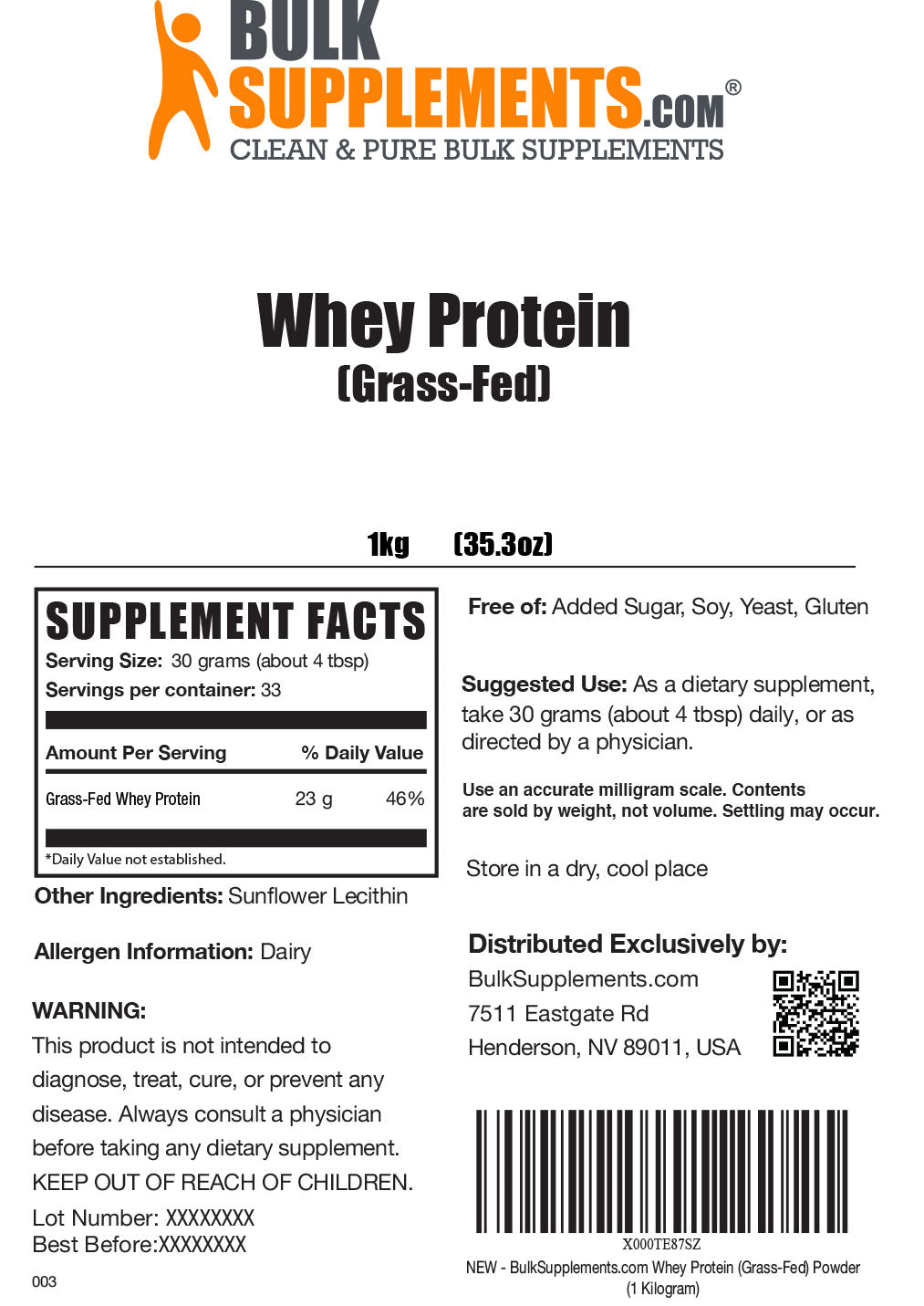 Grass-Fed Whey Protein Supplement Facts