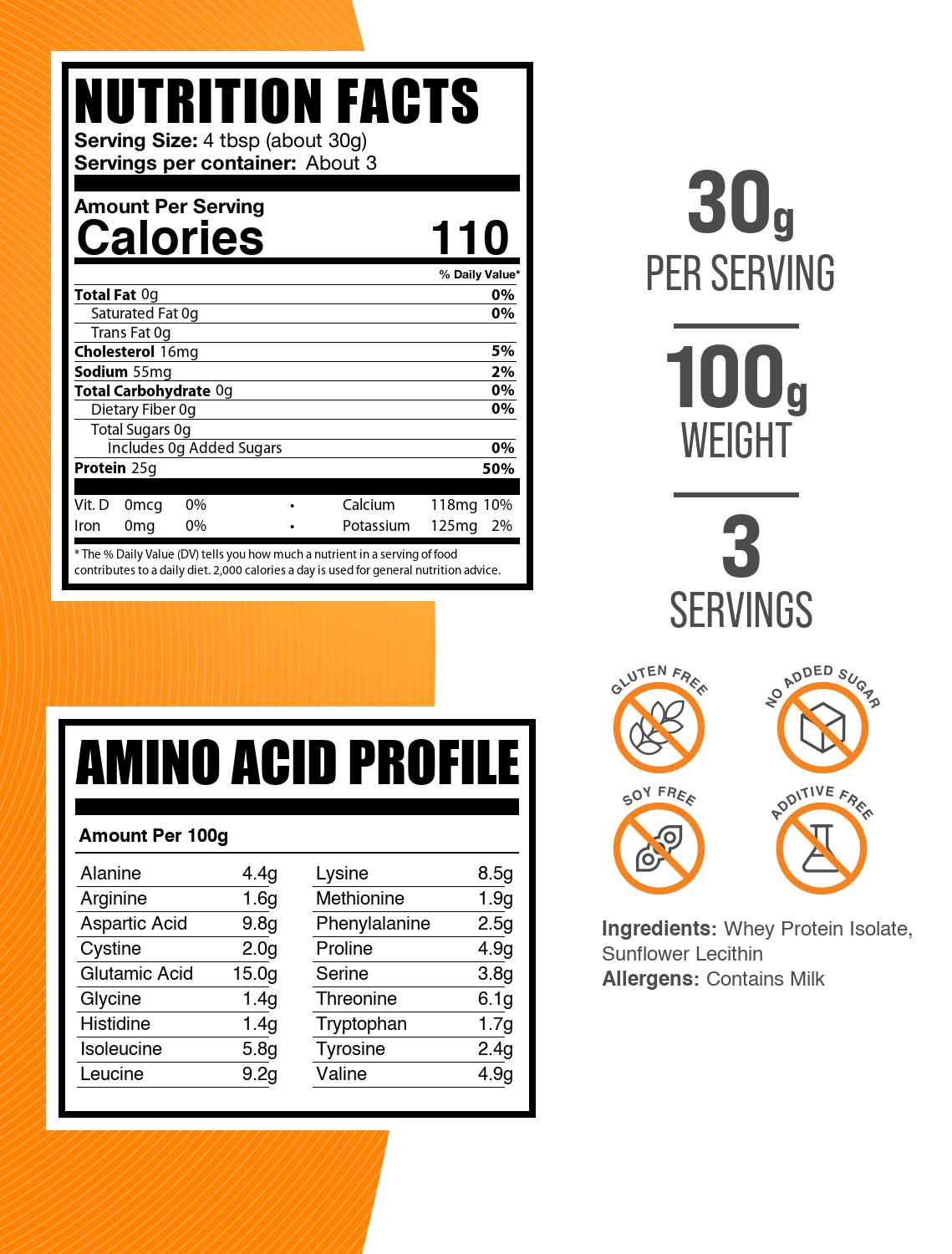 Whey Protein Isolate 90 Protein Powder 100g Label