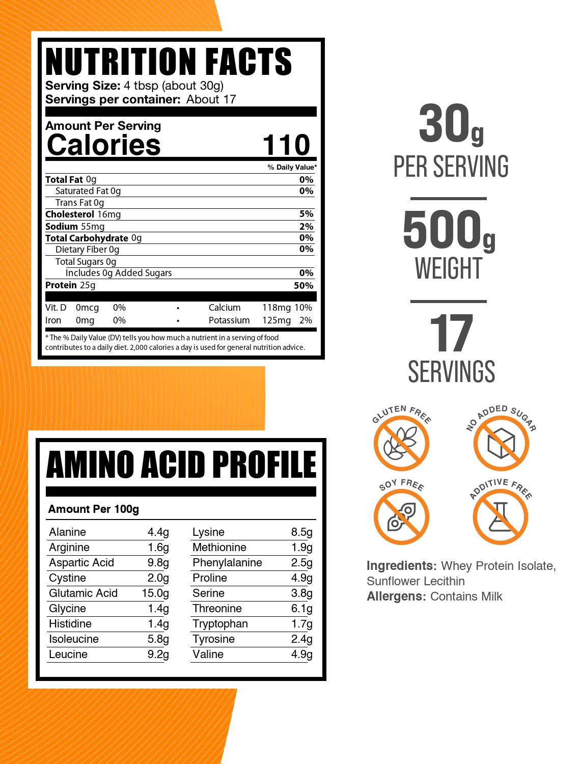Whey Protein Isolate 90 Protein Powder 500g Label