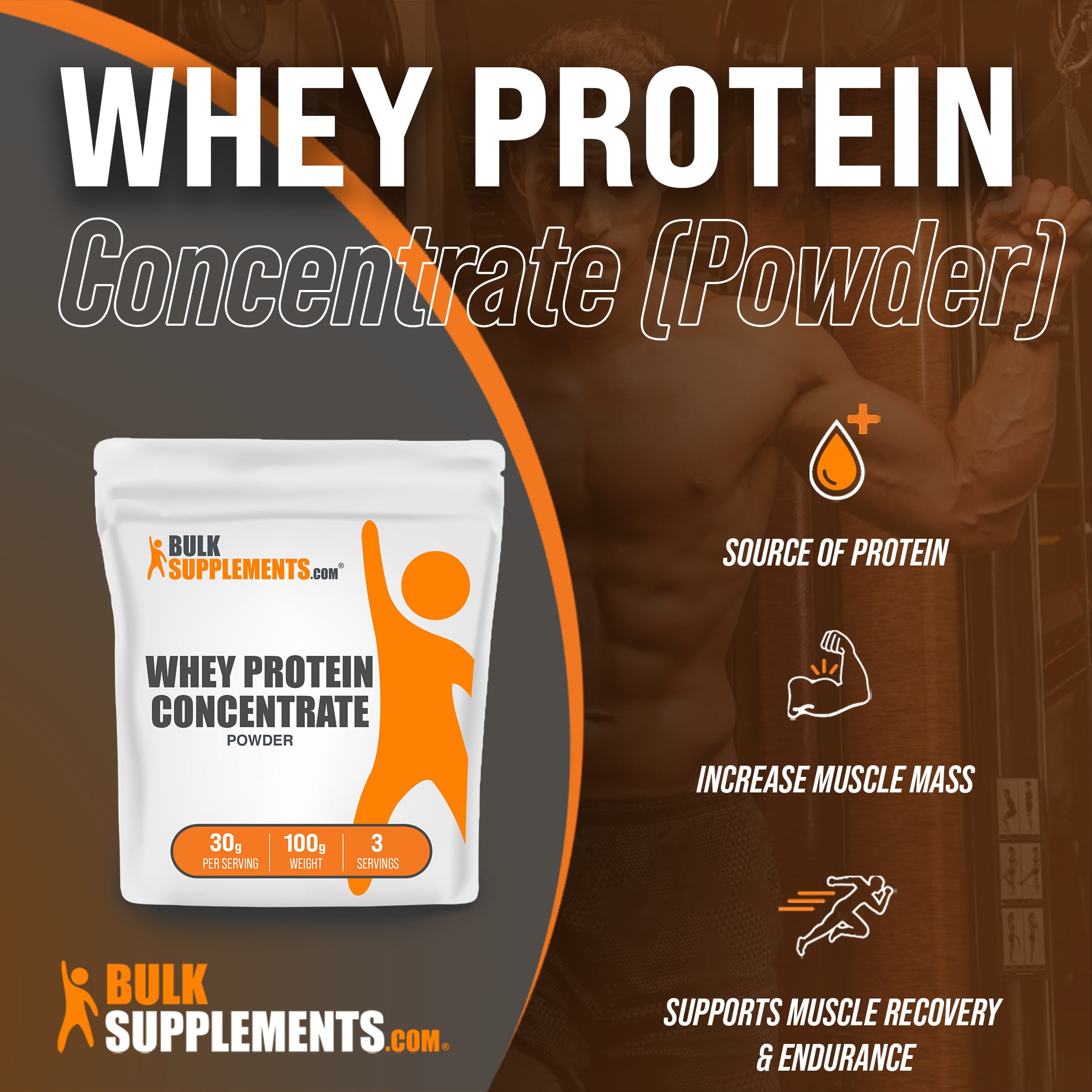 Benefits of Whey Protein Concentrate: source of protein, increase muscle mass, supports muscle recovery and endurance